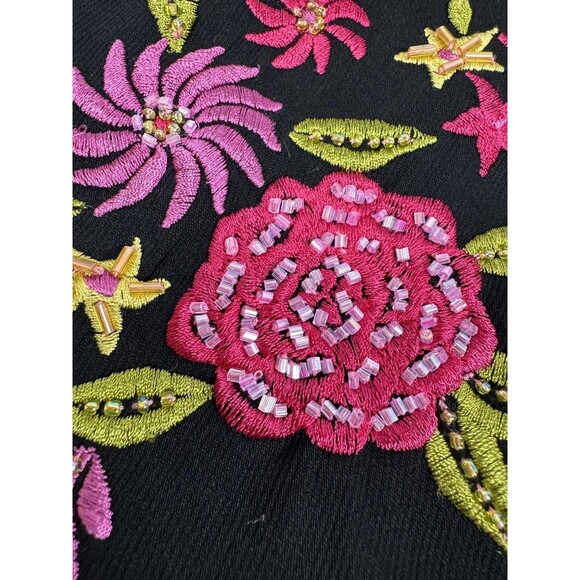Surya Blouse Womens Large Black Button Up Floral Embroidered Beaded Rayon Boho - Picture 6 of 10